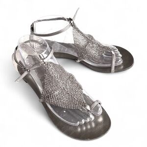 Lola Cruz Rhinestone Mesh T-Strap Sandals – Metallic Silver – Size 39